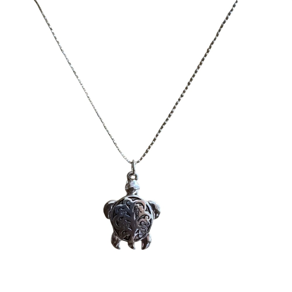 Silver Tone Filigree Sea Turtle Pendant Necklace Ball Chain Nautical Coastal